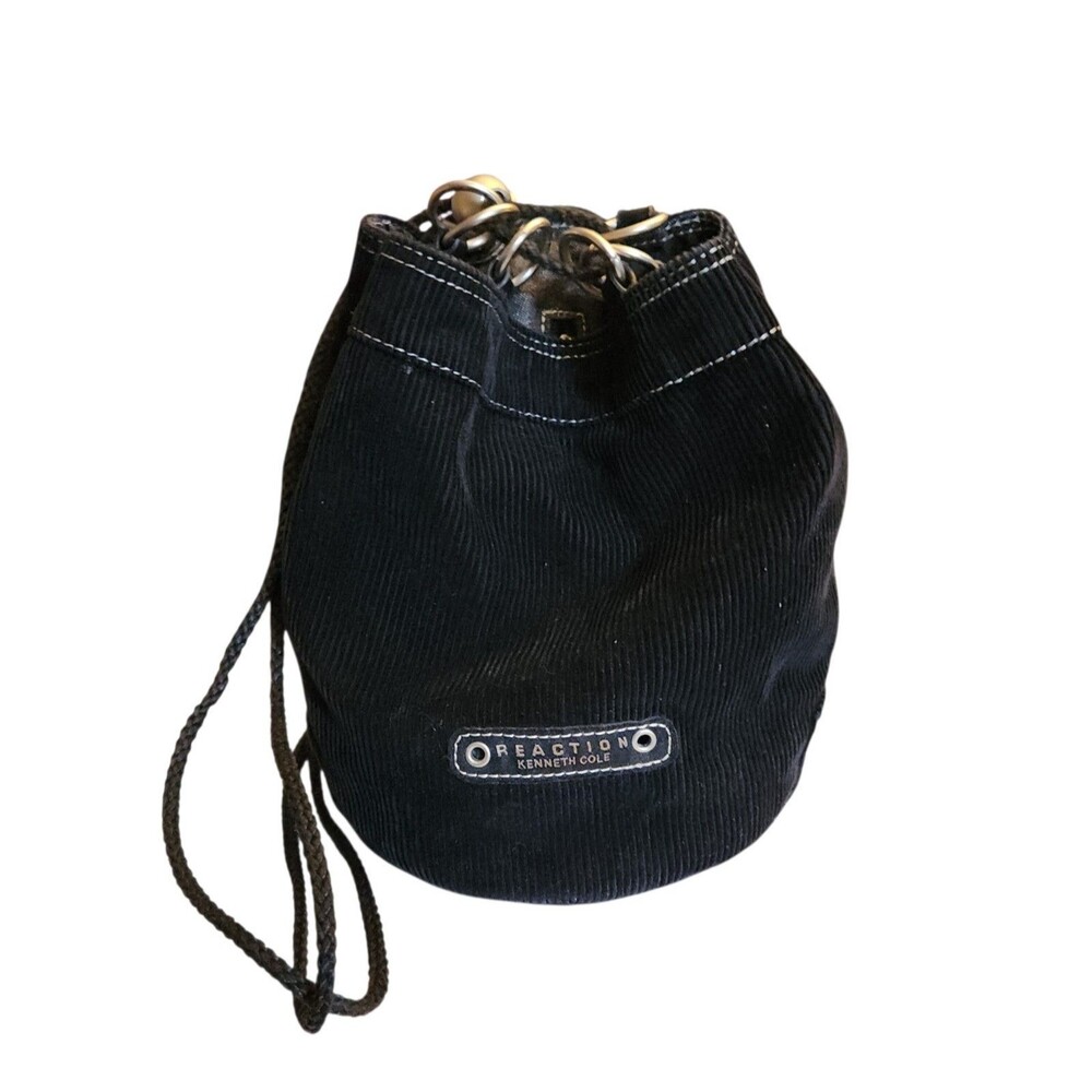 Kenneth Cole Reaction Bucket Bag/Backpack Black Corduroy Metal w/ Drawstring Y2K